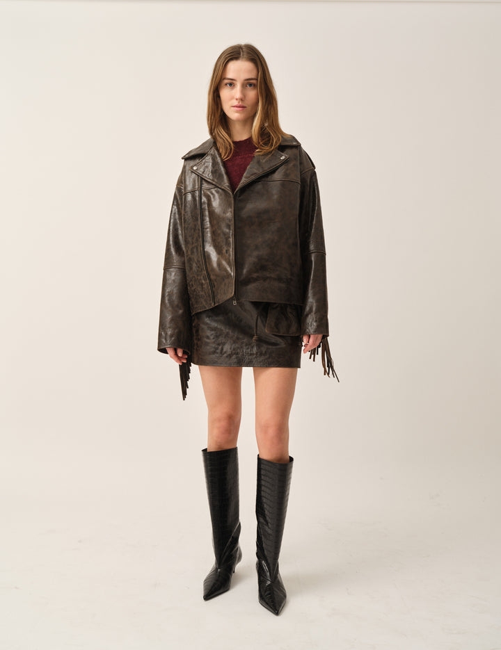 Margo Fringe Jacket Brown Crunch Effect 4 / Brown Crunch Effect