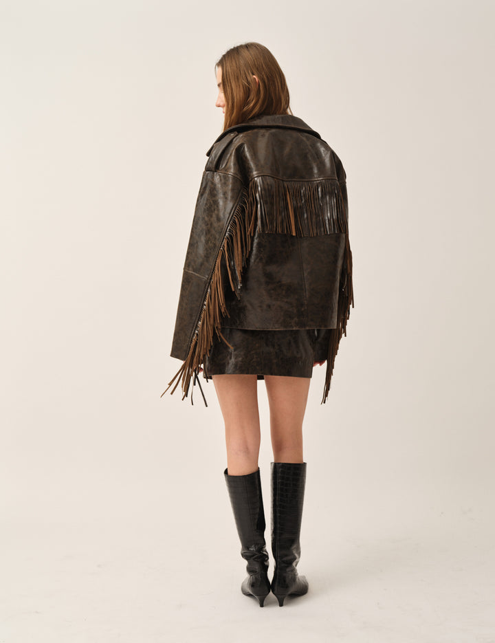 Margo Fringe Jacket Brown Crunch Effect 4 / Brown Crunch Effect