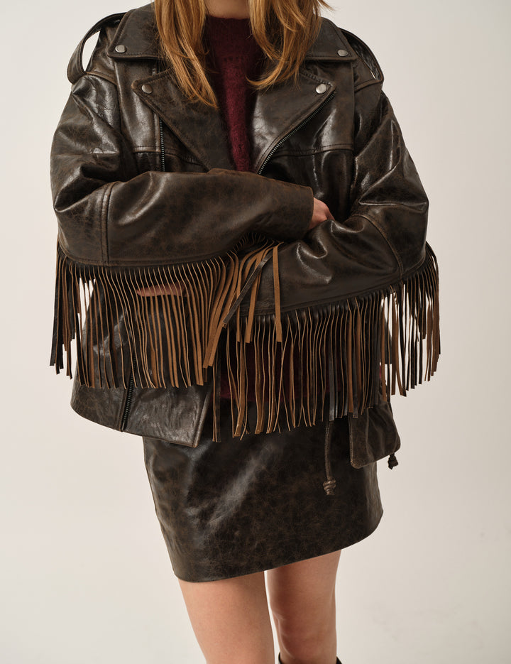 Margo Fringe Jacket Brown Crunch Effect 4 / Brown Crunch Effect